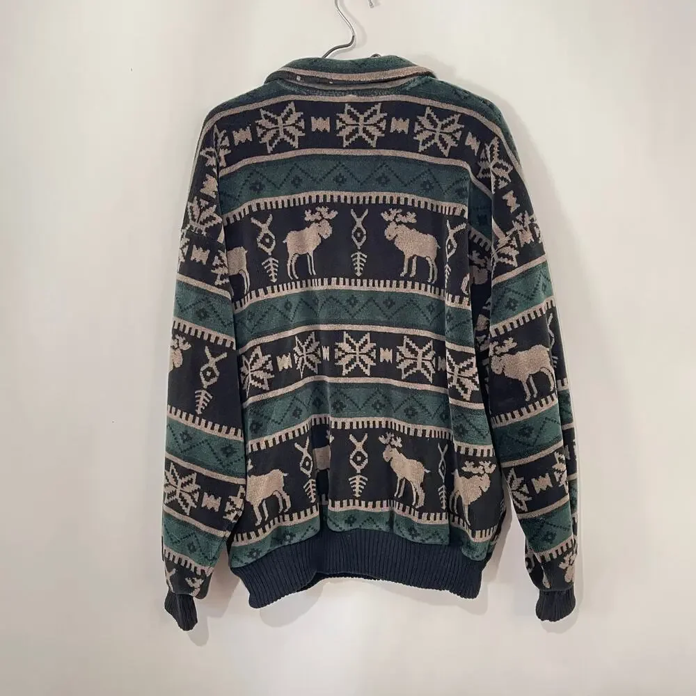 Norm Thompson Velour Pullover Moose Fair Isle 1/2 Zip Sweatshirt Shacket Large - Picture 3 of 12